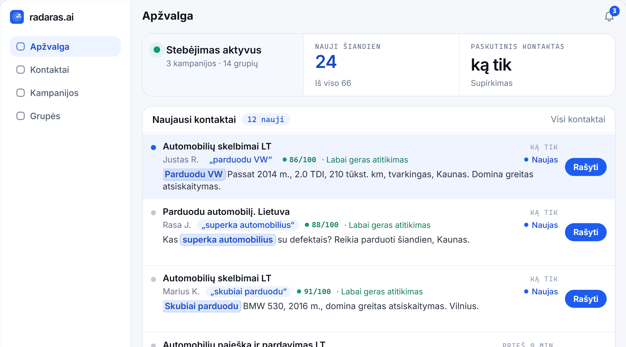 Radaro apžvalga auto verslui iš arti: stebėjimas aktyvus, kontaktų sąrašas su AI atitikimo įverčiu, ir vienas po kito į jį įkrenta nauji kontaktai – žmonės, kurie parduoda automobilį, ir tie, kurie ieško, o skaitiklis „Nauji šiandien“ auga.