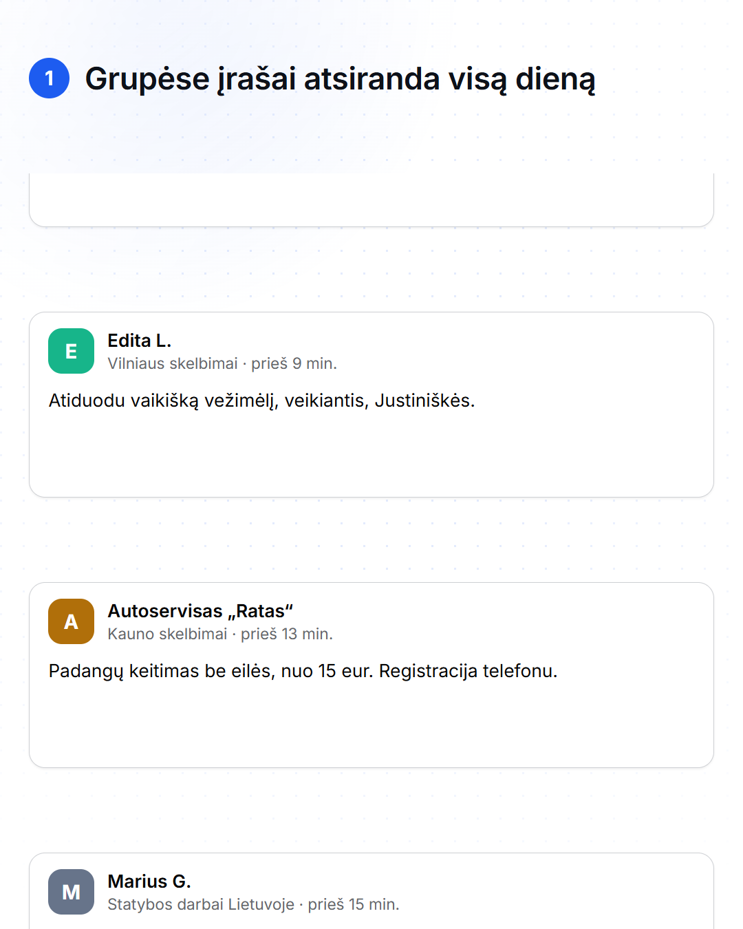 Grupių srautas: įrašai grupėse atsiranda visą dieną, tarp reklamų ir skelbimų yra kelios užklausos, raktažodžiai atrenka kandidatus, AI įvertina, ar tai tikrai užklausa, netinkami lieka nuošalyje, o užklausa atsiranda kontaktų sąraše.