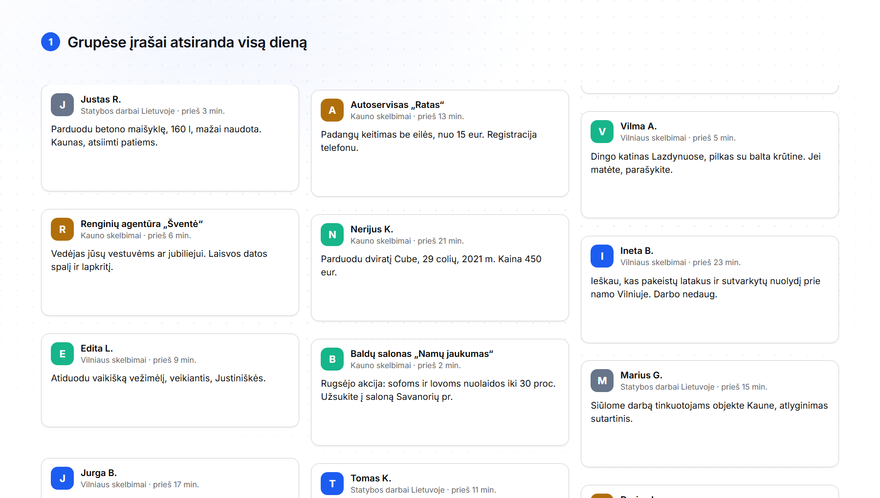 Grupių srautas: įrašai grupėse atsiranda visą dieną, tarp reklamų ir skelbimų yra kelios užklausos, raktažodžiai atrenka kandidatus, AI įvertina, ar tai tikrai užklausa, netinkami lieka nuošalyje, o užklausa atsiranda kontaktų sąraše.